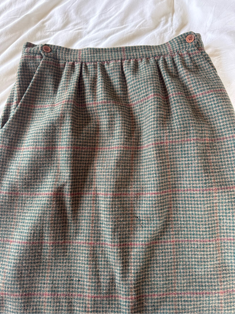 Classic Tweed A-Line Skirt in Green and Pink Pure Wool